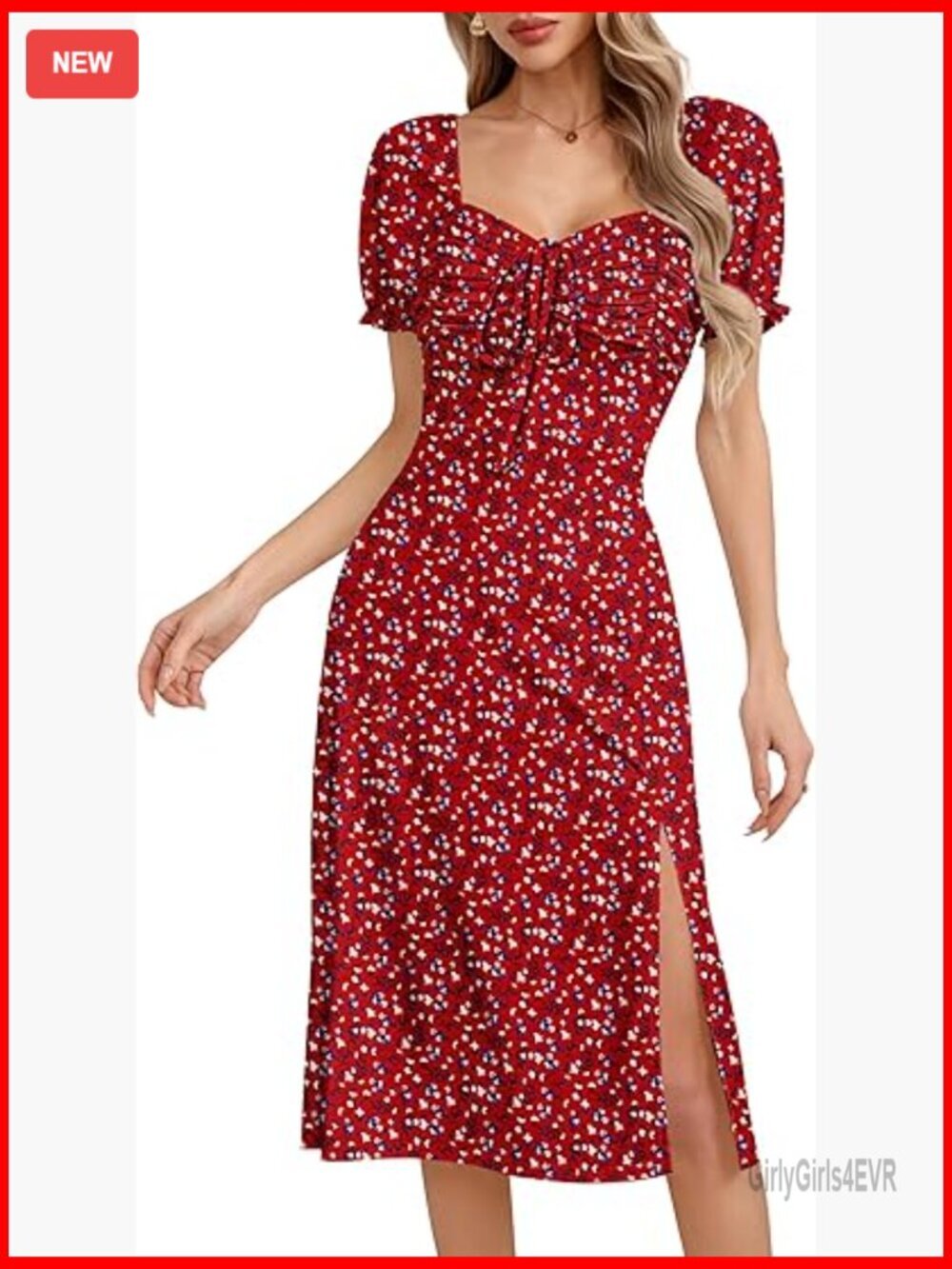 Puff Short Sleeve Midi Dress - Floral A-Line Side Split